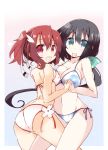  2girls :d aqua_bow aqua_eyes ass asymmetrical_docking bikini black_hair blue_bikini blush bow breast_press breasts cleavage collarbone eyebrows_visible_through_hair hair_between_eyes hair_bow hair_ornament hair_ribbon hand_holding head_tilt highres leg_between_thighs long_hair looking_at_viewer low_ponytail medium_breasts multiple_girls open_mouth pink_bikini red_eyes redhead ribbon shirogane_(platinum) short_hair side-tie_bikini side_ponytail smile striped striped_bow swimsuit tougou_mimori very_long_hair white_ribbon yuuki_yuuna yuuki_yuuna_wa_yuusha_de_aru yuusha_de_aru 