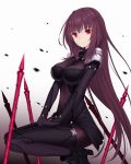  1girl blurry bodysuit breasts covered_navel depth_of_field fate/grand_order fate_(series) gae_bolg highres kiyomin large_breasts long_hair looking_at_viewer pauldrons polearm purple_bodysuit purple_hair red_eyes scathach_(fate/grand_order) smile solo spear squatting weapon 