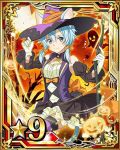  1girl animal_ears blue_eyes blue_hair bow breasts card_(medium) cat_ears cat_tail cleavage detached_sleeves dress garter_straps gloves hair_between_eyes hair_bow halloween halloween_costume hat looking_at_viewer medium_breasts moon number orange_bow pumpkin shinon_(sao-alo) short_hair_with_long_locks smile solo star striped striped_legwear sword_art_online tail thigh-highs white_gloves witch_hat 
