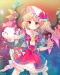  &gt;:) 1girl amo ascot blonde_hair bloomers blouse blush bow capelet center_frills chromatic_aberration closed_mouth collarbone cowboy_shot crystal dress embellished_costume flandre_scarlet giving hat hat_bow highres looking_at_viewer mob_cap petticoat puffy_short_sleeves puffy_sleeves red_bow red_dress red_eyes red_skirt short_sleeves side_ponytail skirt smile solo suspender_skirt suspenders touhou underwear white_blouse wings wrist_cuffs 