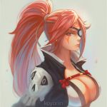  1girl baiken breasts cleavage eyepatch guilty_gear guilty_gear_xrd koyorin large_breasts long_hair looking_at_viewer ponytail red_eyes redhead solo 