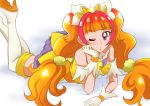  1girl amanogawa_kirara boots cure_twinkle gloves go!_princess_precure hanzou long_hair looking_at_viewer low-tied_long_hair lying magical_girl multicolored_hair on_stomach one_eye_closed orange_hair pout precure quad_tails redhead solo streaked_hair thigh-highs thigh_boots twintails two-tone_hair violet_eyes white_background white_boots white_gloves 