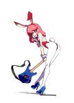  1girl animal_ears bunny_tail bunnysuit cosplay cuffs flcl gyosone haruhara_haruko haruhara_haruko_(cosplay) high_heels jakuzure_nonon kill_la_kill pantyhose rabbit_ears seiyuu_connection shintani_mayumi simple_background solo tail tongue tongue_out 