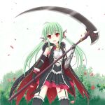  battle_girl_high_school cape empty_eyes green_hair long_hair looking_at_viewer red_eyes sadone scythe solo thigh-highs twintails weapon 