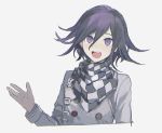  1boy akira_hou checkered_scarf dangan_ronpa flipped_hair grey_background male_focus new_dangan_ronpa_v3 ouma_kokichi purple_hair scarf short_hair simple_background smile solo upper_body violet_eyes 