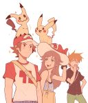  1girl 2boys :d baseball_cap blue_(pokemon) brown_eyes brown_hair closed_mouth drinking grey_eyes hand_on_hip hat highres jitome mimikyu multiple_boys older ookido_green ookido_green_(sm) open_mouth pikachu pokemon pokemon_(creature) pokemon_(game) pokemon_sm raglan_sleeves red_(pokemon) red_(pokemon)_(sm) sally_(luna-arts) simple_background smile sparkle spiky_hair sun_hat white_background 