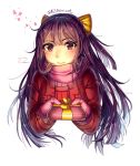  1girl adapted_costume alternate_costume bow coat danielle_brindle facing_viewer gift hair_bow kamikaze_(kantai_collection) kantai_collection looking_at_viewer mittens pink_scarf purple_hair red_eyes scarf solo twitter_username upper_body winter_clothes winter_coat yellow_bow 