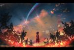  1girl black_hair clouds cloudy_sky comet diffraction_spikes from_behind highres kimi_no_na_wa miyamizu_mitsuha scenery short_hair sky star_(sky) starry_sky tree twilight wjstpwls4 