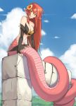  1girl bare_shoulders blue_sky breasts cleavage clouds detached_sleeves full_body hair_ornament hairclip highres lamia large_breasts leaning_forward long_hair miia_(monster_musume) monster_girl monster_musume_no_iru_nichijou navel pointy_ears redhead sa-ryong scales sitting sky slit_pupils smile solo yellow_eyes 