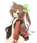  1girl animal_ears bottomless bow brown_hair cat_ears cat_tail choujigen_game_neptune green_eyes hair_bow hair_ornament highres if_(choujigen_game_neptune) jacket long_hair looking_at_viewer naked_hoodie navel neptune_(series) open_mouth ribbon shika_tsui solo tail 