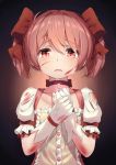  1girl bangs collarbone crying crying_with_eyes_open eyebrows_visible_through_hair gloves hair_ribbon half-closed_eyes highres injury kaname_madoka looking_at_viewer mahou_shoujo_madoka_magica parted_lips pink_hair puffy_short_sleeves puffy_sleeves red_eyes red_ribbon ribbon scrape scratches short_hair short_sleeves solo superpig_(wlstjqdla) tears torn_clothes torn_gloves twintails upper_body white_gloves 