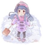  1girl 7010 black_legwear blue_hair blush boots coat hat idolmaster idolmaster_cinderella_girls long_hair looking_at_viewer mittens open_mouth pantyhose red_eyes sajou_yukimi scarf smile snow snow_shovel solo 