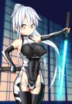  1girl aoi_souji bare_shoulders bodysuit breasts brown_eyes covered_navel cowboy_shot erect_nipples highres holding holding_weapon large_breasts long_hair ninja original ponytail skin_tight solo sword weapon white_hair 