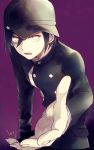  1boy baseball_cap beckoning black_hair dangan_ronpa double-breasted eyes_visible_through_hair fingernails gakuran hair_between_eyes hat highres lovi_(momoko37) male_focus new_dangan_ronpa_v3 outstretched_hand pale_skin pov purple_background saihara_shuuichi school_uniform short_hair signature simple_background solo yellow_eyes 