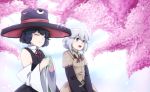  androgynous big_hat black_hair bow cherry_blossoms coat detached_sleeves enraku_tsubakura grey_eyes grey_eyes hat highres houren_yabusame len&#039;en lenk64 open_mouth red_ribbon ribbon short_hair short_hair_with_long_locks shorts silver_hair smile tea top_hat 