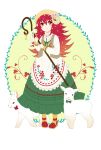  1girl animal animal_ears animal_hat apron bow buttons closed_mouth collar flaky flower frilled_skirt frills full_body green_skirt hair_flower hair_ornament happy_tree_friends hat holding holding_staff horns long_hair long_skirt long_sleeves looking_at_viewer muimui_uzuki open_clothes open_vest orange_eyes personification redhead sheep shirt shoes skirt smile solo staff standing striped striped_legwear undershirt vertical-striped_legwear vertical_stripes vest white_bow white_shirt 