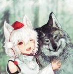  1girl ;d animal animal_ears bare_shoulders detached_sleeves fangs fur hat high_collar highres hug inubashiri_momiji looking_at_another one_eye_closed open_mouth pom_pom_(clothes) red_eyes smile snout tokin_hat touhou upper_body vaba white_hair wide_sleeves wolf wolf_ears yellow_eyes 