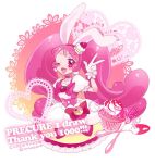  1girl ;d animal_ears artist_name blush bow cake_hair_ornament cowboy_shot cure_whip earrings extra_ears food food_themed_hair_ornament fruit gloves hagihara_takeo hair_ornament heart heart-shaped_pupils jewelry kirakira_precure_a_la_mode long_hair looking_at_viewer macaron magical_girl one_eye_closed open_mouth pink_bow pink_hair precure rabbit_ears smile solo strawberry symbol-shaped_pupils text twintails twitter_username usami_ichika v white_gloves 