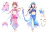  2girls :d anklet arabian_clothes armlet bangs bare_shoulders barefoot black_hair blue_eyes blunt_bangs blush bracelet brown_hair card card_captor_sakura daidouji_tomoyo dancer ekira_nieto feet full_body gem green_eyes hair_ornament harem_outfit harem_pants highres jewelry kinomoto_sakura lamp long_hair looking_at_viewer midriff multiple_girls navel navel_piercing necklace open_mouth pants piercing ringlets sarong see-through sidelocks smile standing star stomach tiptoes toes veil walking 