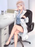  1girl alsiel20170204 bespectacled chair chin_rest clipboard collarbone desk doctor glasses grey_hair headband irohakaede kantai_collection labcoat legs legs_crossed long_sleeves office_chair shoukaku_(kantai_collection) sitting smile solo 