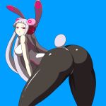  1girl animal_ears arched_back ass bent_over blue_background breasts bunny_tail electro_emilia erect_nipples from_behind ken_(koala) large_breasts long_hair looking_back neon_trim original pantyhose rabbit_ears red_eyes simple_background skin_tight solo tail white_hair 