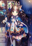  1girl :&lt; animal_ears bangs blue blue_bow blue_ribbon bow breasts brown_hair cape cat_ears cat_tail cleavage crown dress fur-trimmed_cape fur_trim garter_straps green_eyes grey_hair hair_bow highres long_hair looking_at_viewer mini_crown momoshiki_tsubaki multicolored_hair original ribbon scepter short_dress small_breasts solo streaked_hair stuffed_animal stuffed_cat stuffed_toy tagme tail thigh-highs two-tone_hair wavy_hair whiskers 