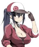  1girl black_gloves black_hair blush breasts brown_eyes cleavage female_protagonist_(pokemon_go) fingerless_gloves freedom_nakai gloves hat highres jacket large_breasts long_hair looking_at_viewer pokemon pokemon_go ponytail simple_background smile solo sweat upper_body white_background 