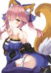  1girl animal_ears ass bad_id bad_pixiv_id bangs blue_bow blue_legwear blush bow breasts detached_sleeves eyebrows_visible_through_hair fate/extra fate_(series) finger_to_mouth fox_ears fox_girl fox_tail hair_between_eyes hair_bow japanese_clothes large_breasts long_hair looking_at_viewer one_eye_closed pink_hair shushing simple_background sitting solo tail tamamo_(fate)_(all) tamamo_no_mae_(fate) thigh-highs thighs wariza white_background yuzu-aki 