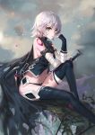  1girl armband assassin_of_black bandage bare_shoulders belt breasts cape fate_(series) fingerless_gloves gloves highres looking_at_viewer panties rabbit_(tukenitian) scar sheath short_hair sideboob silver_hair sitting solo thigh-highs torn_clothes underwear weapon 