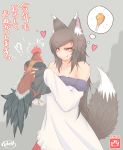  !? 1girl 2017 animal_ears artist_name bare_shoulders bird black_hair blush_stickers breasts chicken chicken_(food) chicken_leg cleavage commentary_request cowboy_shot cube85 dress drooling eyes_visible_through_hair food grey_background highres holding imaizumi_kagerou kotoyoro long_hair long_sleeves medium_breasts new_year off_shoulder red_eyes rooster shiny shiny_hair shiny_skin signature sleeves_past_wrists slit_pupils solo sparkle thought_bubble tongue tongue_out touhou translated very_long_hair white_dress wolf_ears you_gonna_get_eaten 