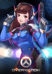  1girl abstract_background acronym animal_print arms_up bangs blue_bodysuit bodysuit boots bracer breasts brown_eyes brown_hair bunny_print clenched_hand clothes_writing contrapposto copyright_name cowboy_shot d.va_(overwatch) emblem erect_nipples eyebrows eyebrows_visible_through_hair eyelashes facepaint facial_mark glint gloves glowing gun handgun hands_up headphones high_collar highres holding holding_gun holding_weapon jing_(1561659763) legs_apart logo long_hair long_sleeves looking_at_viewer medium_breasts nose overwatch parted_lips pauldrons pilot_suit pink_lips pistol ribbed_bodysuit shoulder_pads skin_tight smile solo swept_bangs teeth thigh-highs thigh_boots thigh_strap turtleneck weapon whisker_markings white_boots white_gloves 