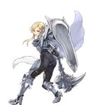  1girl armor armored_boots ass awakening_(sennen_sensou_aigis) blonde_hair blue_eyes boots cape full_body gauntlets hair_ornament hammer holding holding_weapon long_hair looking_at_viewer looking_back matilda_(sennen_sensou_aigis) open_mouth pelvic_curtain sennen_sensou_aigis shield shoulder_armor skin_tight smile solo transparent_background weapon yuugiri 