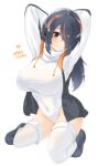  1girl arms_up bangs black_boots black_hair blush boots breasts brown_eyes closed_mouth covered_navel emperor_penguin_(kemono_friends) enatsu full_body hair_over_one_eye headphones highres hood hoodie kemono_friends large_breasts leotard long_hair looking_at_viewer multicolored_hair open_clothes open_hoodie orange_hair simple_background smile solo squatting streaked_hair thigh-highs thighs turtleneck white_background white_leotard 