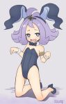  :3 acerola_(pokemon) alternate_costume animal_ears armlet bare_legs bare_shoulders blush breasts bunnysuit elite_four flat_chest flipped_hair garoudo_(kadouhan&#039;i) grey_background hair_ornament kneeling looking_at_viewer neck_ribbon open_mouth paw_pose pokemon pokemon_(game) pokemon_sm purple_hair rabbit_ears ribbon short_hair simple_background slippers small_breasts trial_captain violet_eyes wavy_mouth wristband 