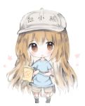  1girl :d bangs black_footwear blue_shirt blush boots brown_eyes brown_shorts character_name chibi cottontailtokki eyebrows_visible_through_hair flag flat_cap full_body grey_hat hair_between_eyes hat hataraku_saibou highres holding holding_flag light_brown_hair long_hair looking_at_viewer open_mouth platelet_(hataraku_saibou) shirt short_shorts short_sleeves shorts smile solo standing very_long_hair white_background 