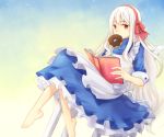  1girl apron barefoot book doughnut feet food highres kagerou_project kozakura_marry legs_crossed long_hair looking_at_viewer mouth_hold reading red_eyes reking solo white_hair 