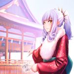  1girl alternate_costume blush carmilla_(fate/grand_order) fate/grand_order fate_(series) hatsumoude japanese_clothes kimono long_nails looking_at_viewer nail_polish pointing_finger shrine silver_hair solo white_nails yellow_eyes 