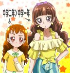  2girls amanogawa_kirara arisugawa_himari bow brown_eyes brown_hair collarbone cowboy_shot directional_arrow earrings frown go!_princess_precure gradient gradient_background green_bow hairband hand_on_hip hanzou height_difference jewelry kirakira_precure_a_la_mode long_hair looking_at_another multiple_girls precure shirt shorts star star_earrings starry_background striped striped_shorts sweat twintails violet_eyes white_background yellow_background yellow_shirt 