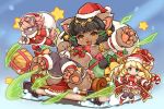  1boy 2girls animal_ears aqua_eyes armlet bastet_(fullbokko_heroes) bell black_hair blonde_hair box candy candy_cane cat_ears cat_tail claws drill_hair earrings eyebrows_visible_through_hair fang food fullbokko_heroes furry gift gift_box hat holding jewelry jingle_bell long_hair mistletoe multiple_girls official_art open_mouth orange_eyes outstretched_arm paws pelvic_curtain santa_costume santa_hat shigatake short_hair sitting sled smile snow star sweat tail thick_eyebrows thigh-highs toeless_legwear 