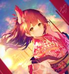  1girl 2017 artist_name bangs blurry blush brown_hair closed_mouth depth_of_field dutch_angle enj! evening eyebrows_visible_through_hair floating_hair hair_ornament hand_in_hair japanese_clothes kimono lens_flare long_hair looking_at_viewer obi original outdoors red_kimono sash signature smile solo sun yellow_eyes 