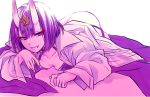  1girl collared_shirt fang fang_out fate/grand_order fate_(series) hair_ornament hizuki_mai horns long_sleeves looking_at_viewer lying on_stomach oni oni_horns open_clothes open_shirt purple_hair shirt short_hair shuten_douji_(fate/grand_order) solo violet_eyes 