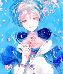  1boy ahma bracelet buttons cherry_blossoms collarbone commentary_request ensemble_stars! floating flower green_eyes highres holding holding_flower hood jewelry layered_clothing male_focus partially_submerged petals petals_on_water smile solo tenshouin_eichi 