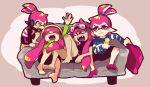  2boys 2girls :3 barefoot blue_eyes cellphone commentary_request couch domino_mask fangs goggles goggles_on_head green_eyes headphones inkling laughing mask multiple_boys multiple_girls nana_(raiupika) phone pink_eyes pink_hair pointy_ears ponytail socks splatoon sweatdrop tentacle_hair 