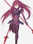  1girl armor bodysuit breasts covered_navel dual_wielding fate/grand_order fate_(series) gae_bolg highres holding holding_weapon long_hair looking_at_viewer purple_hair red_eyes scathach_(fate/grand_order) shoulder_armor silver_(chenwen) smile solo weapon 