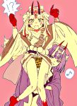  !? 2girls animal_print assisted_exposure blonde_hair clothes_lift facial_mark fang fangs fate/grand_order fate_(series) fingernails fundoshi hizuki_mai horns ibaraki_douji_(fate/grand_order) japanese_clothes kimono kimono_lift long_fingernails long_hair looking_at_viewer multiple_girls musical_note oni oni_horns open_mouth pointy_ears purple_hair quaver red_background red_skin short_hair shuten_douji_(fate/grand_order) smile speech_bubble spoken_musical_note tiger_print violet_eyes yellow_eyes 