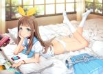  1girl absurdres ass blue_eyes blurry brown_hair butt_crack cellphone chin_rest choker depth_of_field feet flat_chest hair_ribbon hibike!_euphonium highres huge_filesize indoors instrument long_hair looking_at_viewer lying no_pants no_shoes on_stomach ooyari_ashito panties phone photo_(object) pleated_skirt ribbon ribbon_choker scan school_uniform serafuku side-tie_panties skirt skirt_removed smartphone smile socks solo trumpet underwear watch watch white_legwear white_panties yoshikawa_yuuko 