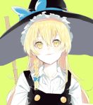  1girl apron blonde_hair blue_bow blush bow braid broom buttons collarbone collared_shirt green_background hair_bow hat hat_bow kirisame_marisa long_hair long_sleeves nesume shirt side_braid simple_background single_braid smile solo touhou upper_body witch_hat yellow_eyes 
