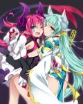  2girls ;d armpits ass blue_eyes brown_eyes detached_sleeves dragon_girl dragon_horns dragon_tail fate/extra fate/extra_ccc fate/grand_order fate_(series) flat_chest green_hair hair_ornament highres horns hug kiyohime_(fate/grand_order) lancer_(fate/extra_ccc) long_hair looking_at_viewer mtu_(orewamuzituda) multiple_girls one_eye_closed open_mouth pointy_ears redhead smile tail thigh-highs 