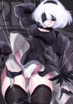  1girl black_dress black_legwear blindfold breasts chromatic_aberration cleavage_cutout dress hairband highres mole mole_under_mouth nier_(series) nier_automata panties puffy_sleeves short_hair silver_hair solo tamako_(ei_niku) thigh-highs underwear upskirt white_panties yorha_no._2_type_b 