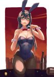  1girl alcohol alternate_costume animal_ears bare_shoulders between_breasts black-framed_eyewear black_hair black_legwear blush bow bowtie breasts bunny_girl bunnysuit cleavage commentary_request cup detached_collar drinking_glass fake_animal_ears glasses green_eyes hair_between_eyes hairband kantai_collection leg_up leotard long_hair looking_at_viewer medium_breasts ooyodo_(kantai_collection) pantyhose parted_lips rabbit_ears red_bow red_bowtie semi-rimless_glasses solo spilling under-rim_glasses wine_glass wrist_cuffs yuuji_(and) 